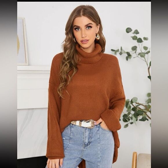 Shein Funnel Neck Drop Shoulder Ribbed Knit Sweater - Picture 4 of 15